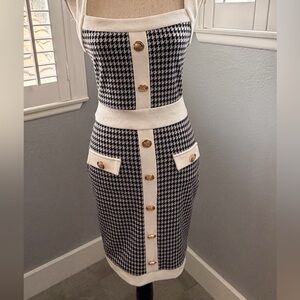 High-Waist Houndstooth Knit Dress in Black & White